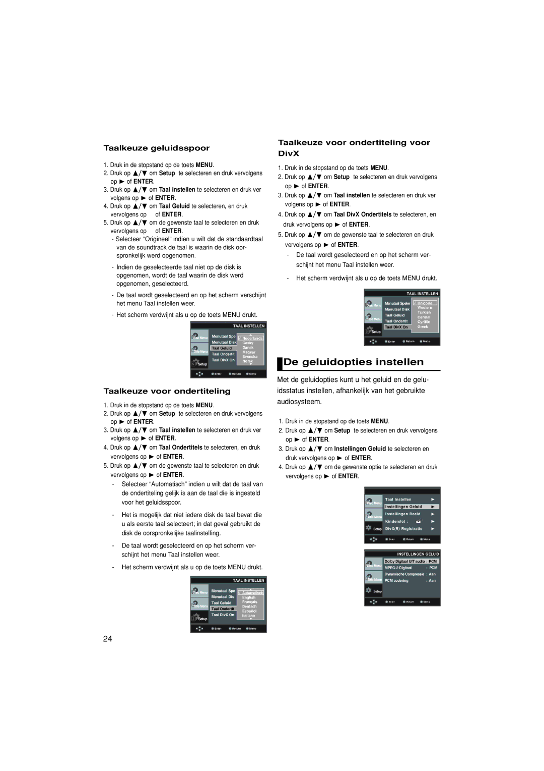 Samsung DVD-P380/EDC, DVD-P380/XET manual De geluidopties instellen, Taalkeuze geluidsspoor, Taalkeuze voor ondertiteling 