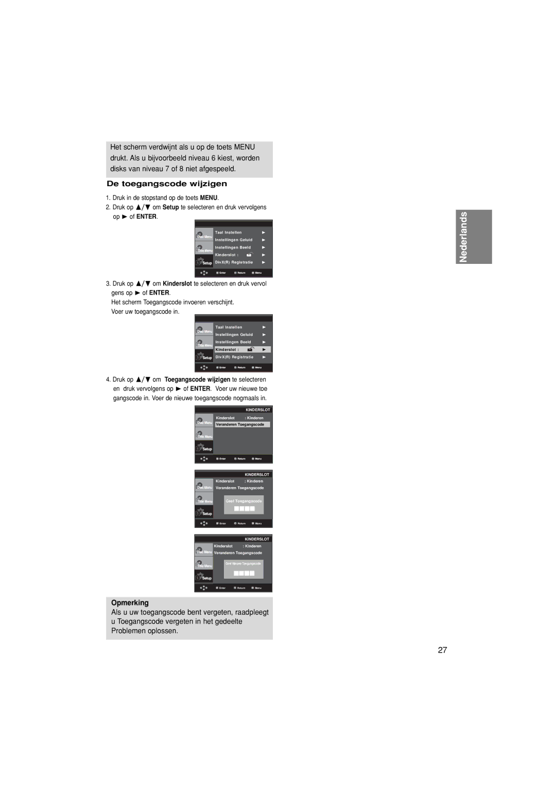 Samsung DVD-P380/EDC, DVD-P380/XET, DVD-P380/XEL manual De toegangscode wijzigen 