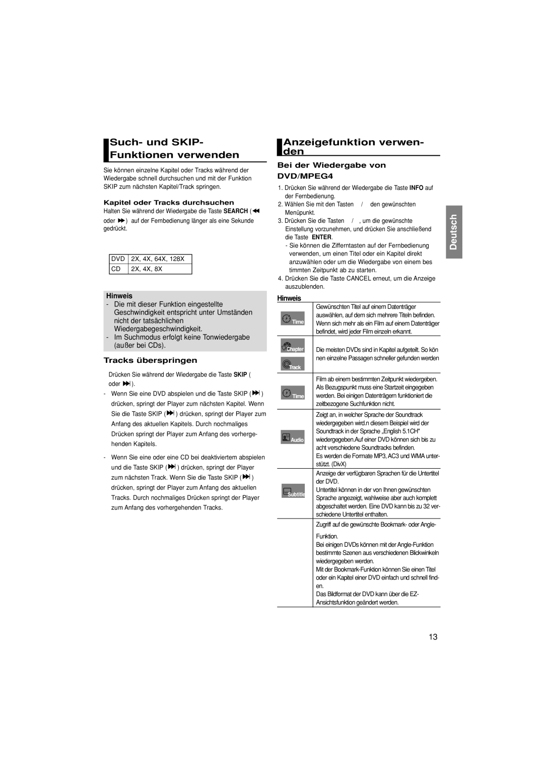 Samsung DVD-P380/EDC, DVD-P380/XET Such- und SKIP- Funktionen verwenden, Anzeigefunktion verwen- den, Tracks überspringen 