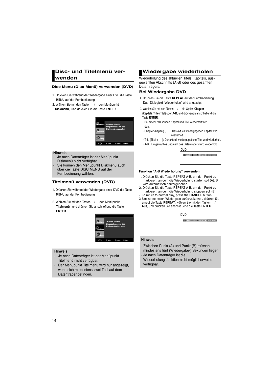 Samsung DVD-P380/XEL Disc- und Titelmenü ver- wenden, Wiedergabe wiederholen, Titelmenü verwenden DVD, Bei Wiedergabe DVD 