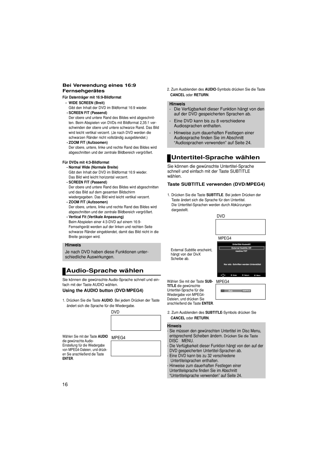 Samsung DVD-P380/EDC manual Untertitel-Sprache wählen, Audio-Sprache wählen, Bei Verwendung eines 169 Fernsehgerätes 