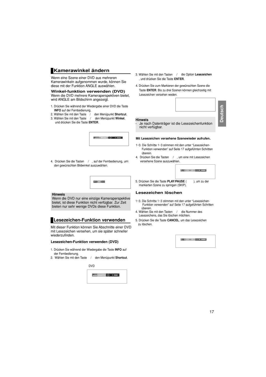 Samsung DVD-P380/XEL, DVD-P380/XET manual Kamerawinkel ändern, Lesezeichen-Funktion verwenden, Winkel-funktion verwenden DVD 