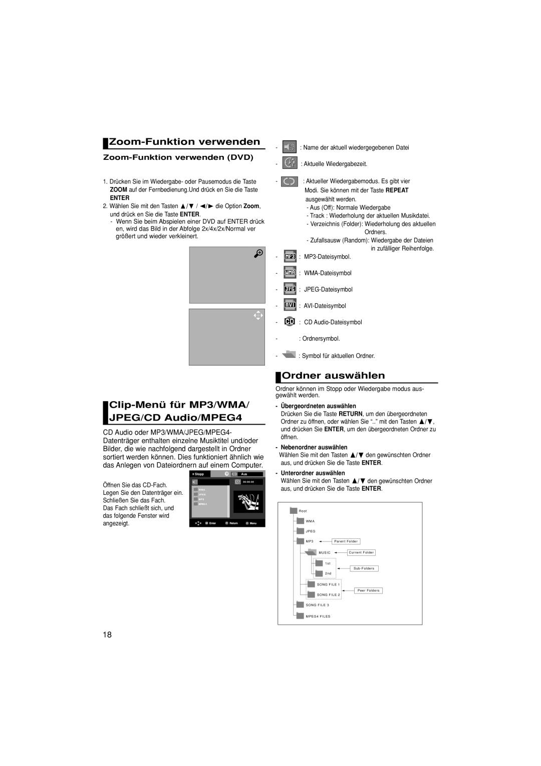 Samsung DVD-P380/XET, DVD-P380/EDC Zoom-Funktion verwenden, Clip-Menü für MP3/WMA/ JPEG/CD Audio/MPEG4, Ordner auswählen 