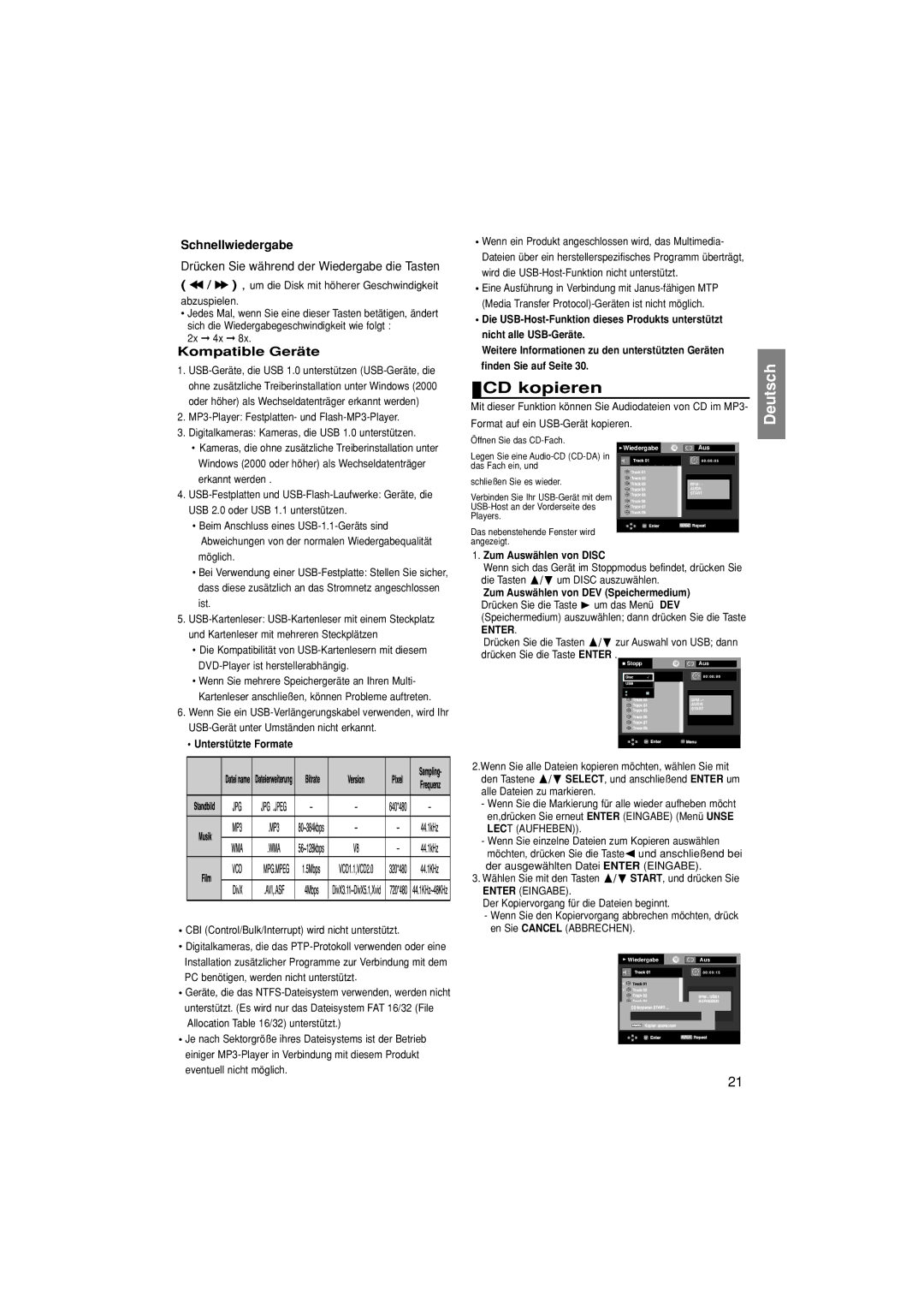 Samsung DVD-P380/XET, DVD-P380/EDC, DVD-P380/XEL CD kopieren, Schnellwiedergabe, Kompatible Geräte, Zum Auswählen von Disc 