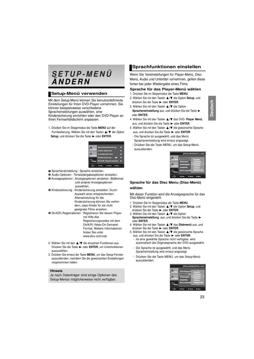 Samsung DVD-P380/XEL, DVD-P380/XET, DVD-P380/EDC manual Sprachfunktionen einstellen, Sprache für das Player-Menü wählen 