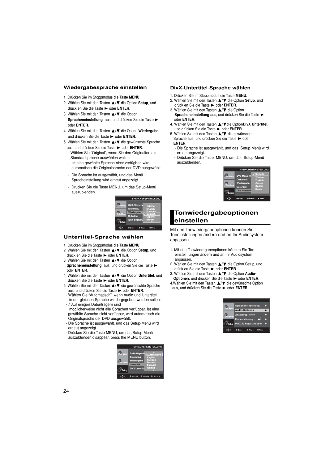 Samsung DVD-P380/XET manual Tonwiedergabeoptionen einstellen, Wiedergabesprache einstellen, Untertitel-Sprache wählen 