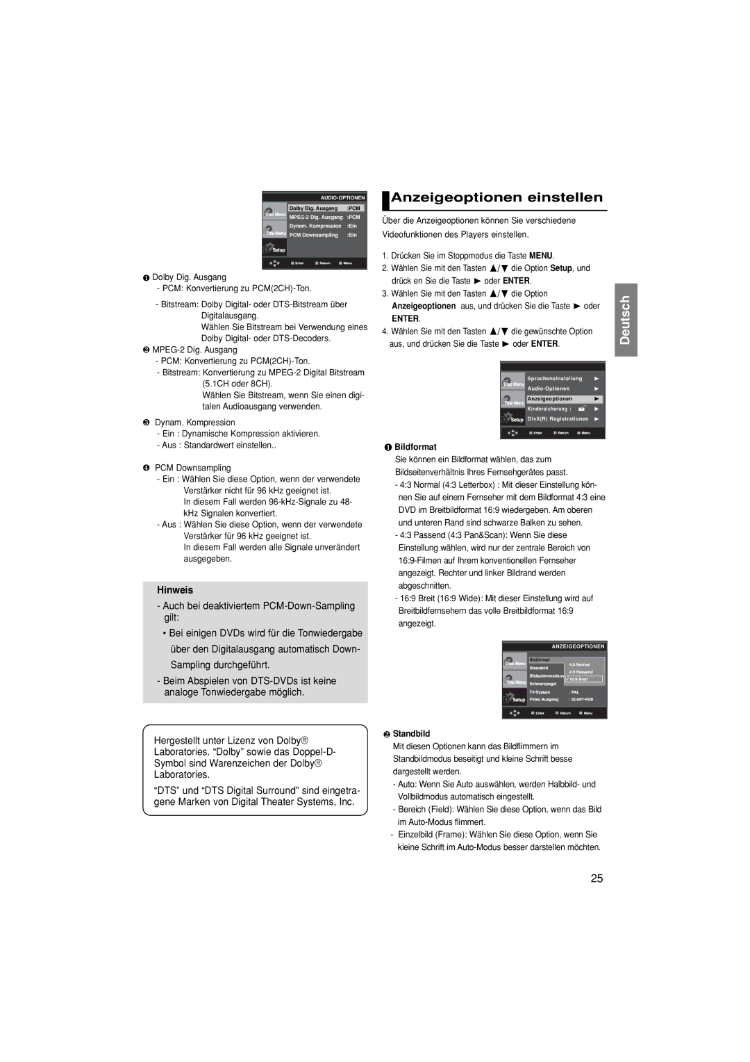 Samsung DVD-P380/EDC Anzeigeoptionen einstellen, Diesem Fall werden alle Signale unverändert ausgegeben, ❶ Bildformat 