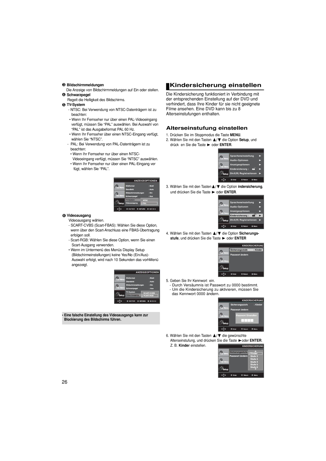 Samsung DVD-P380/XEL, DVD-P380/XET manual Kindersicherung einstellen, ❸ Bildschirmmeldungen, ❹ Schwarzpegel, ❺ TV-System 