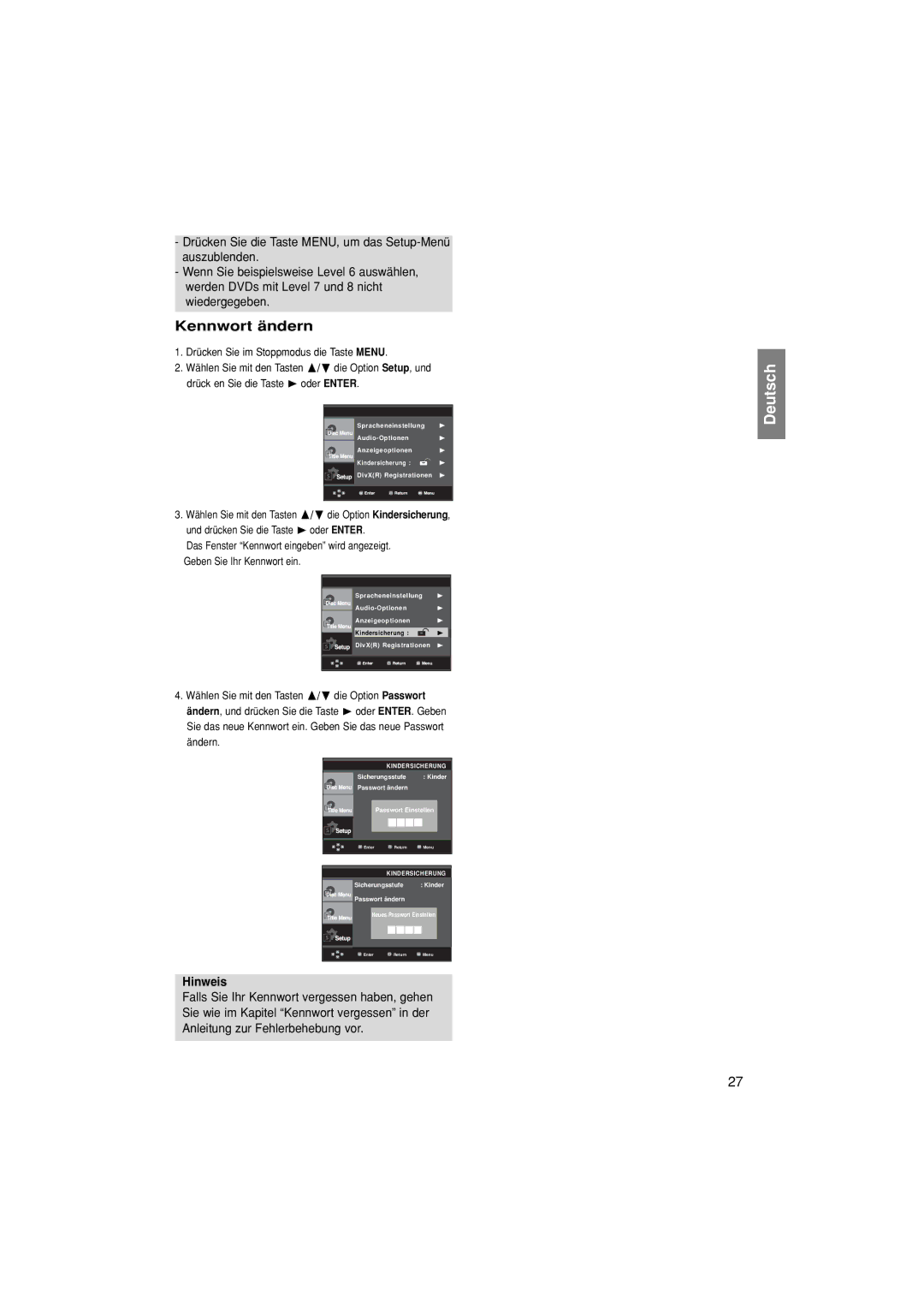 Samsung DVD-P380/XET, DVD-P380/EDC, DVD-P380/XEL manual Kennwort ändern 