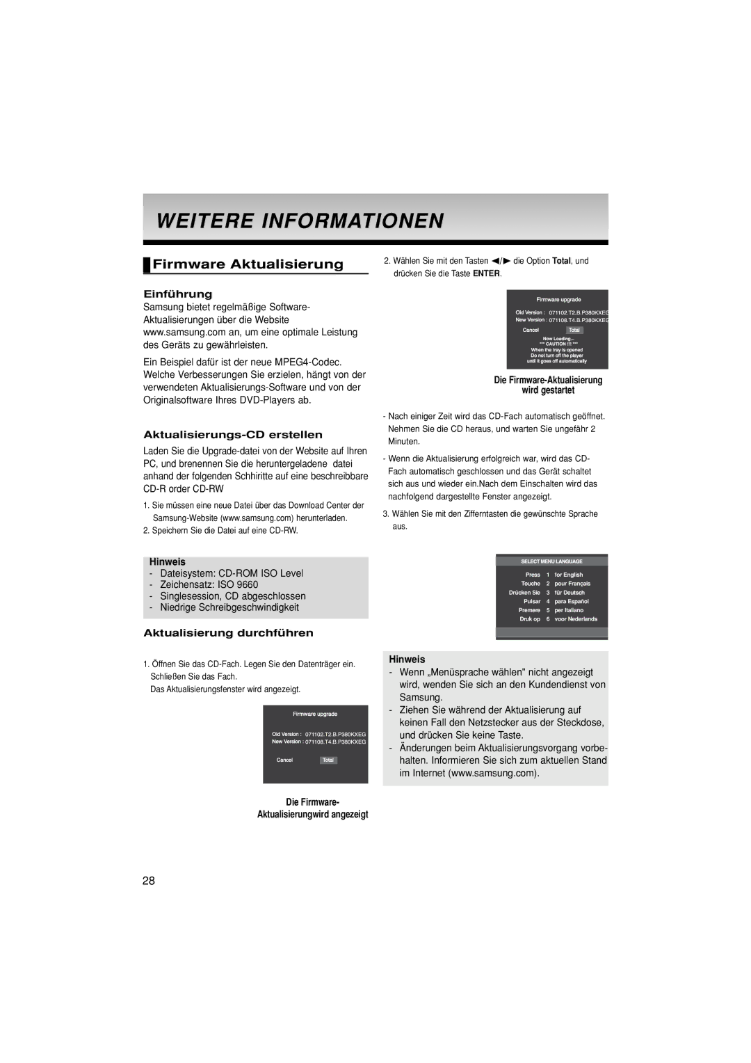 Samsung DVD-P380/EDC manual Firmware Aktualisierung, Aktualisierungs-CD erstellen, Aktualisierung durchführen, Die Firmware 