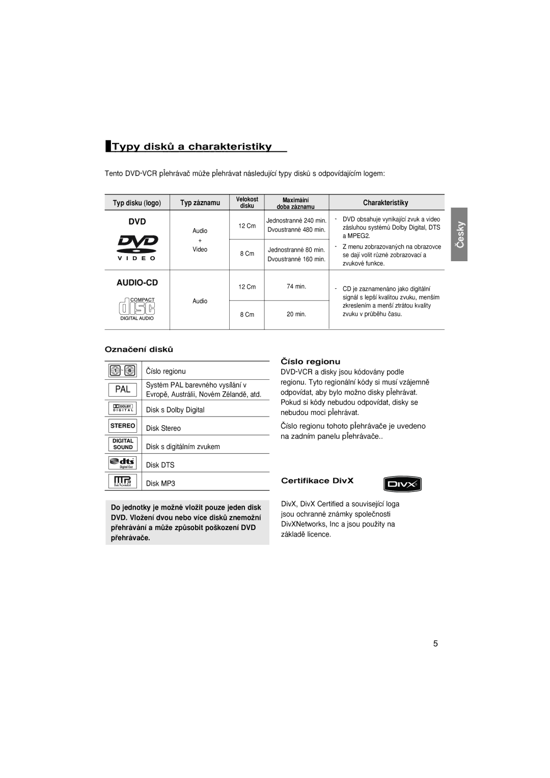 Samsung DVD-P380/XEL, DVD-P380/XET, DVD-P380/EDC manual Typy diskÛ a charakteristiky 