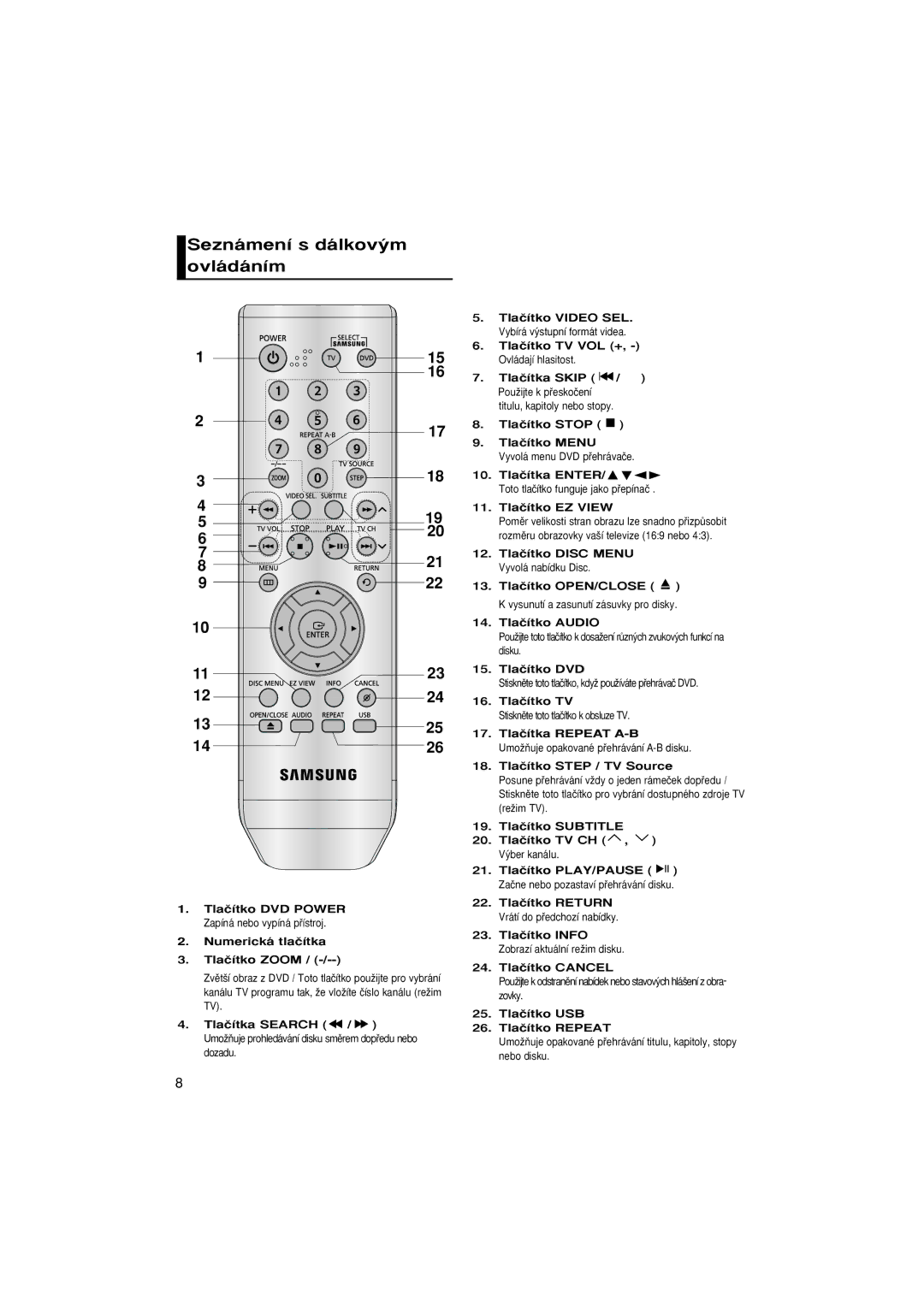 Samsung DVD-P380/XEL, DVD-P380/XET, DVD-P380/EDC manual Seznámení s dálkov˘m ovládáním 