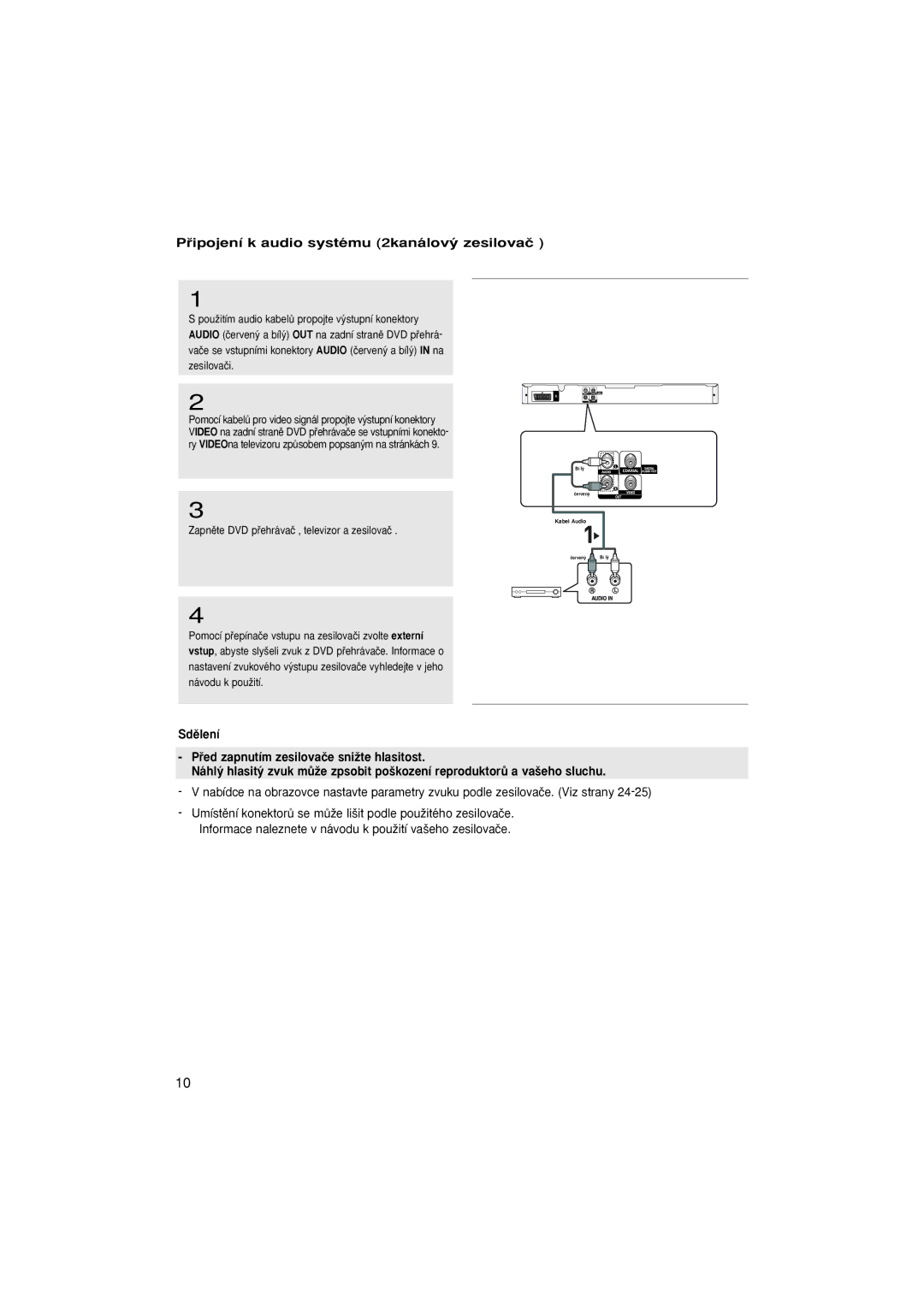 Samsung DVD-P380/EDC manual Pﬁipojení k audio systému 2kanálov˘ zesilovaã, Zapnûte DVD pﬁehrávaã , televizor a zesilovaã 