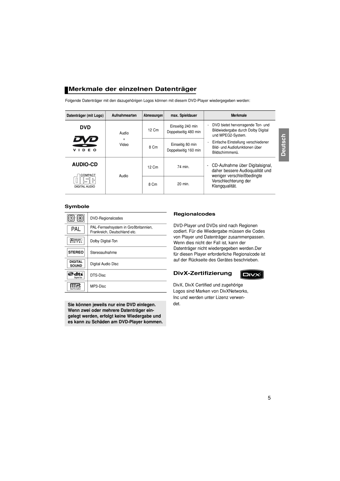 Samsung DVD-P380/XEL manual Merkmale der einzelnen Datenträger, Symbole, Regionalcodes, Datenträger mit Logo Aufnahmearten 