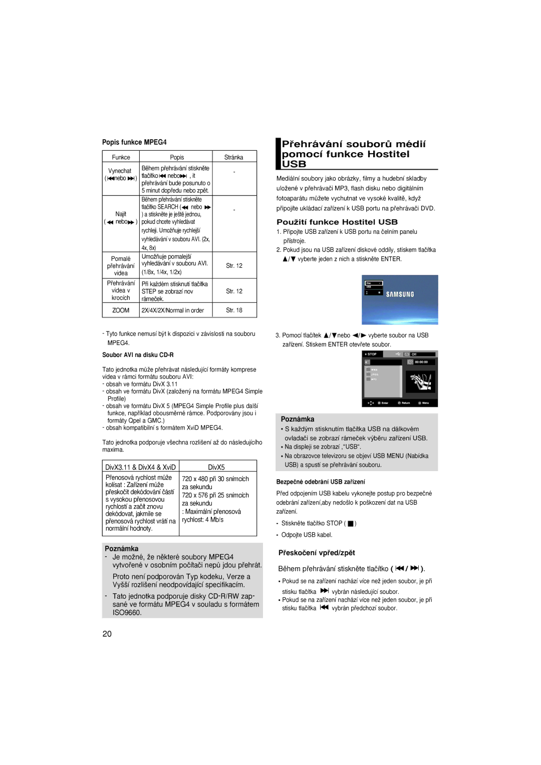 Samsung DVD-P380/XEL Pﬁehrávání souborÛ médií pomocí funkce Hostitel, Popis funkce MPEG4, PouÏití funkce Hostitel USB 