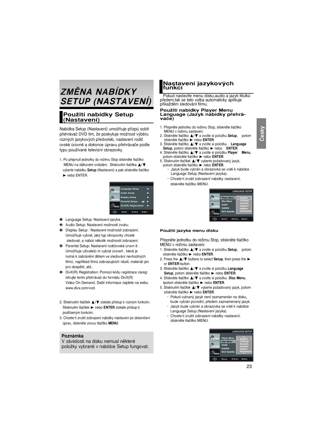 Samsung DVD-P380/XEL, DVD-P380/XET manual PouÏití nabídky Setup Nastavení, Nastavení jazykov˘ch funkcí, Pro dospûlé, atd 