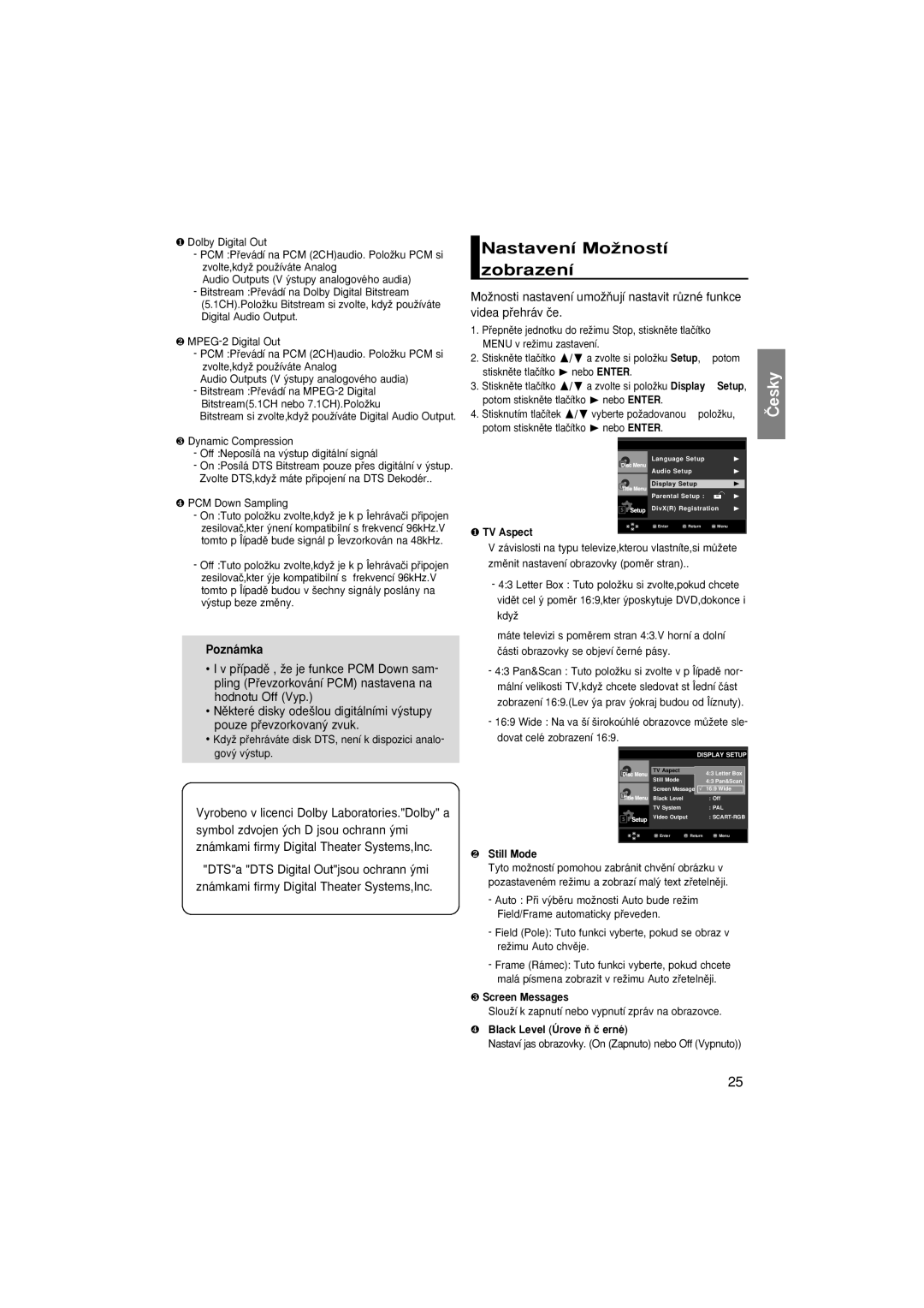 Samsung DVD-P380/EDC, DVD-P380/XET, DVD-P380/XEL Nastavení MoÏností zobrazení, ❶ TV Aspect, ❷ Still Mode, ❸ Screen Messages 