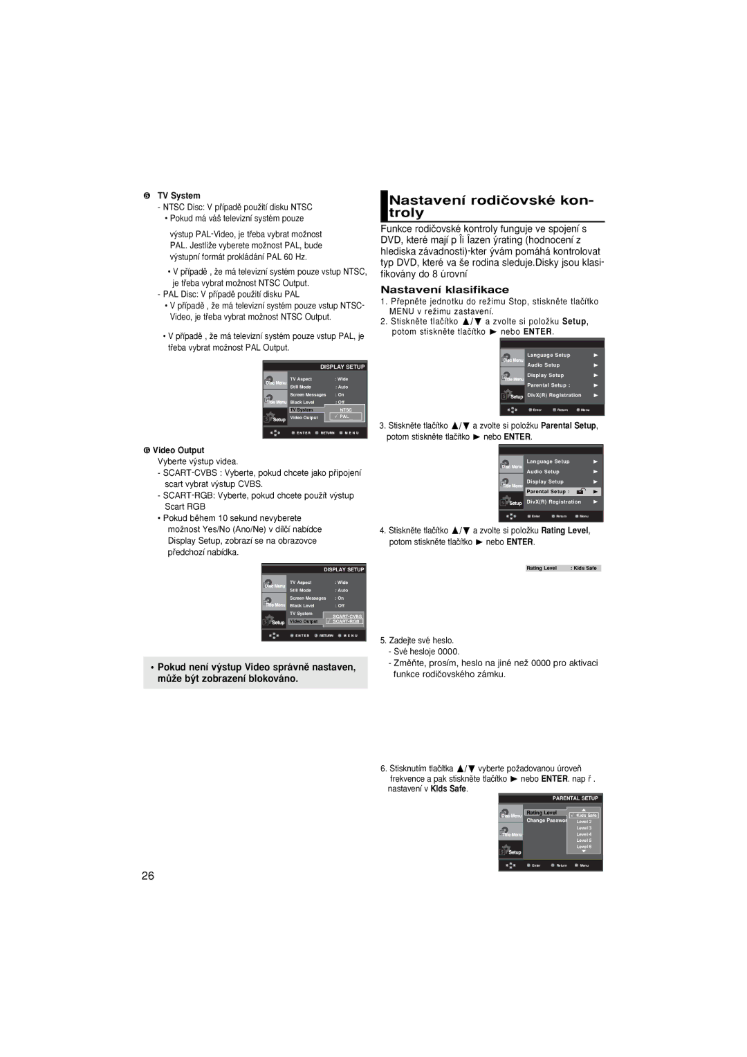 Samsung DVD-P380/XEL, DVD-P380/XET Nastavení rodiãovské kon- troly, Nastavení klasifikace, ❺ TV System, ❻ Video Output 