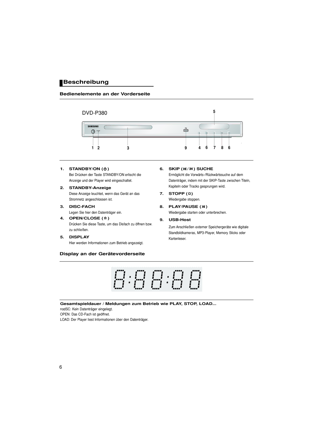 Samsung DVD-P380/XET, DVD-P380/EDC manual Beschreibung, Bedienelemente an der Vorderseite, Display an der Gerätevorderseite 