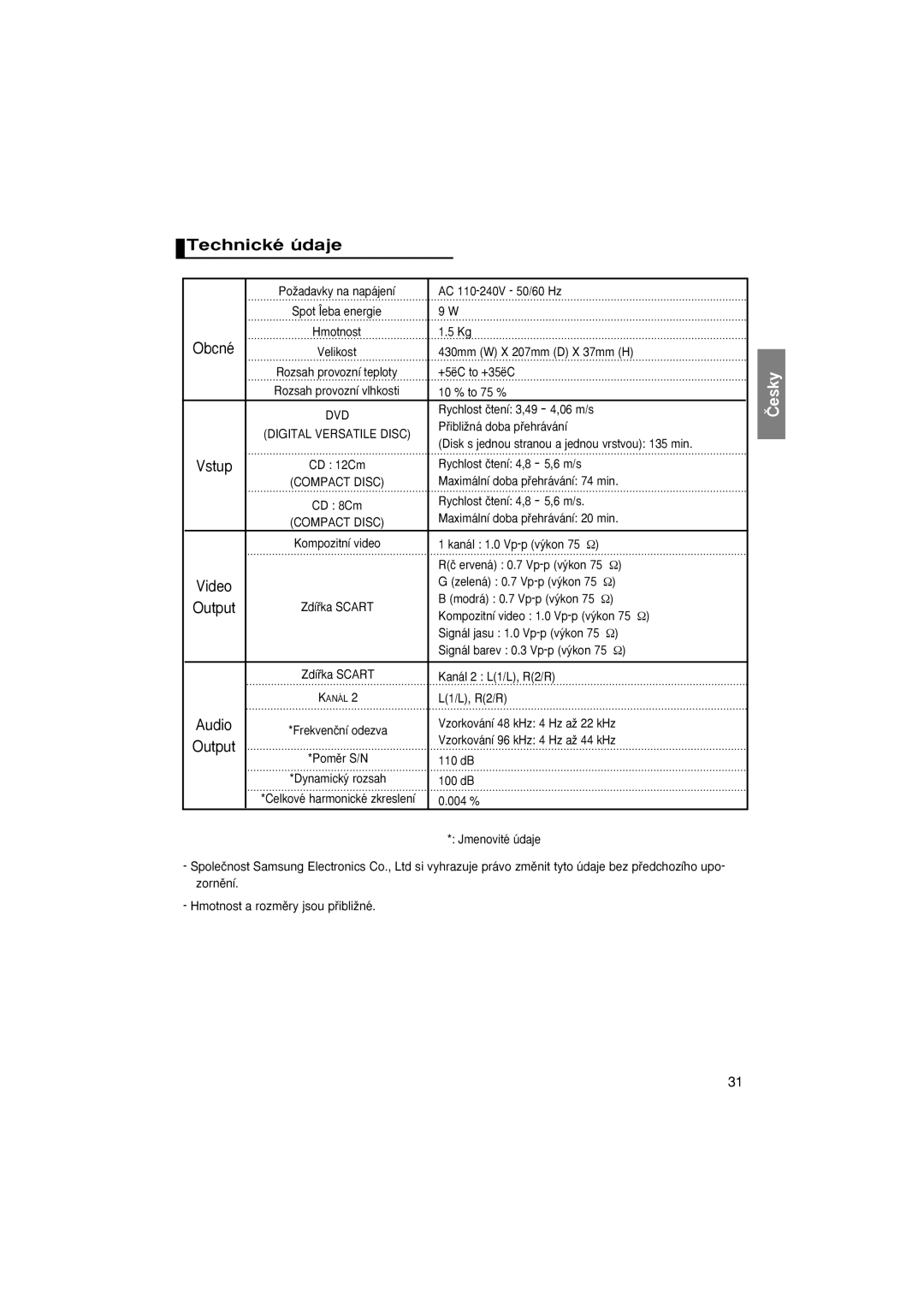 Samsung DVD-P380/EDC, DVD-P380/XET, DVD-P380/XEL manual Technické údaje 