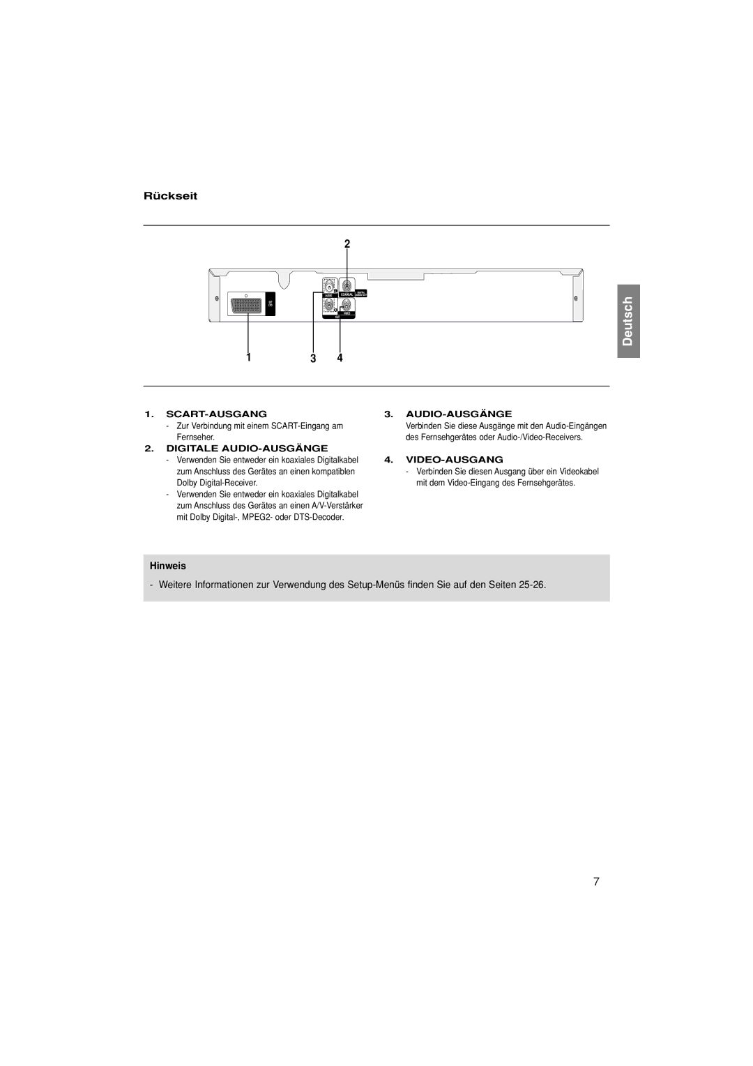 Samsung DVD-P380/EDC, DVD-P380/XET, DVD-P380/XEL Rückseit, Hinweis, Zur Verbindung mit einem SCART-Eingang am Fernseher 