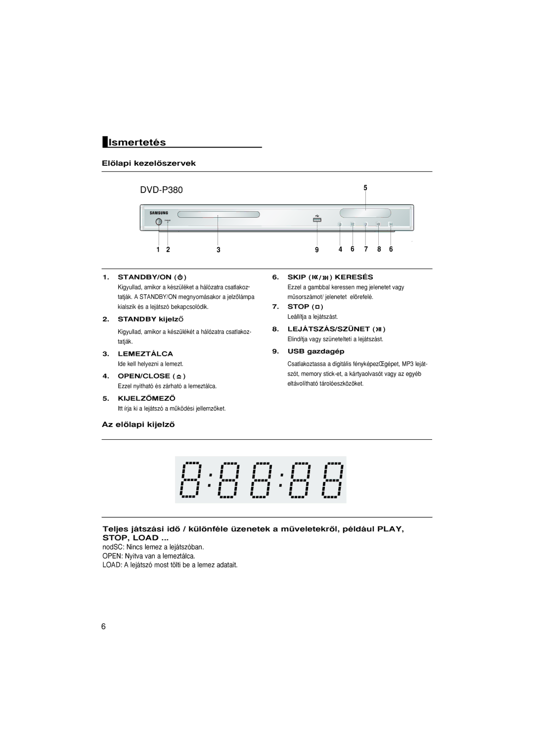 Samsung DVD-P380/XEL manual Ismertetés, ElŒlapi kezelŒszervek, Standby/On, Lemeztálca Ide kell helyezni a lemezt OPEN/CLOSE 