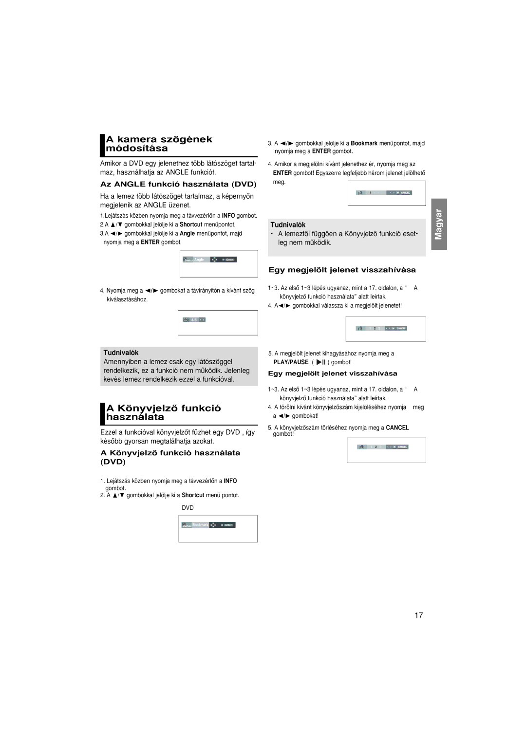 Samsung DVD-P380/EDC manual Kamera szögének módosítása, KönyvjelzŒ funkció használata, Az Angle funkció használata DVD 