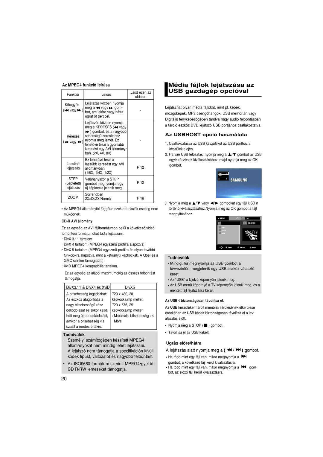 Samsung DVD-P380/EDC manual Média fájlok lejátszása az USB gazdagép opcióval, Az MPEG4 funkció leírása, Ugrás elŒre/hátra 