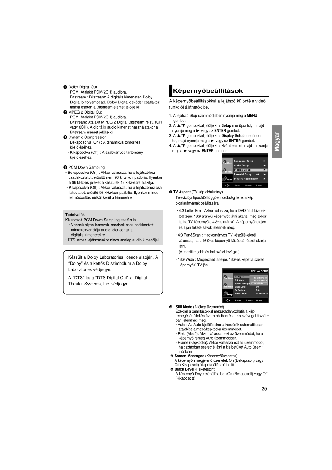 Samsung DVD-P380/XET, DVD-P380/EDC, DVD-P380/XEL manual KépernyŒbeállítások, Dolby Digital Out PCM Átalakít PCM2CH audiora 