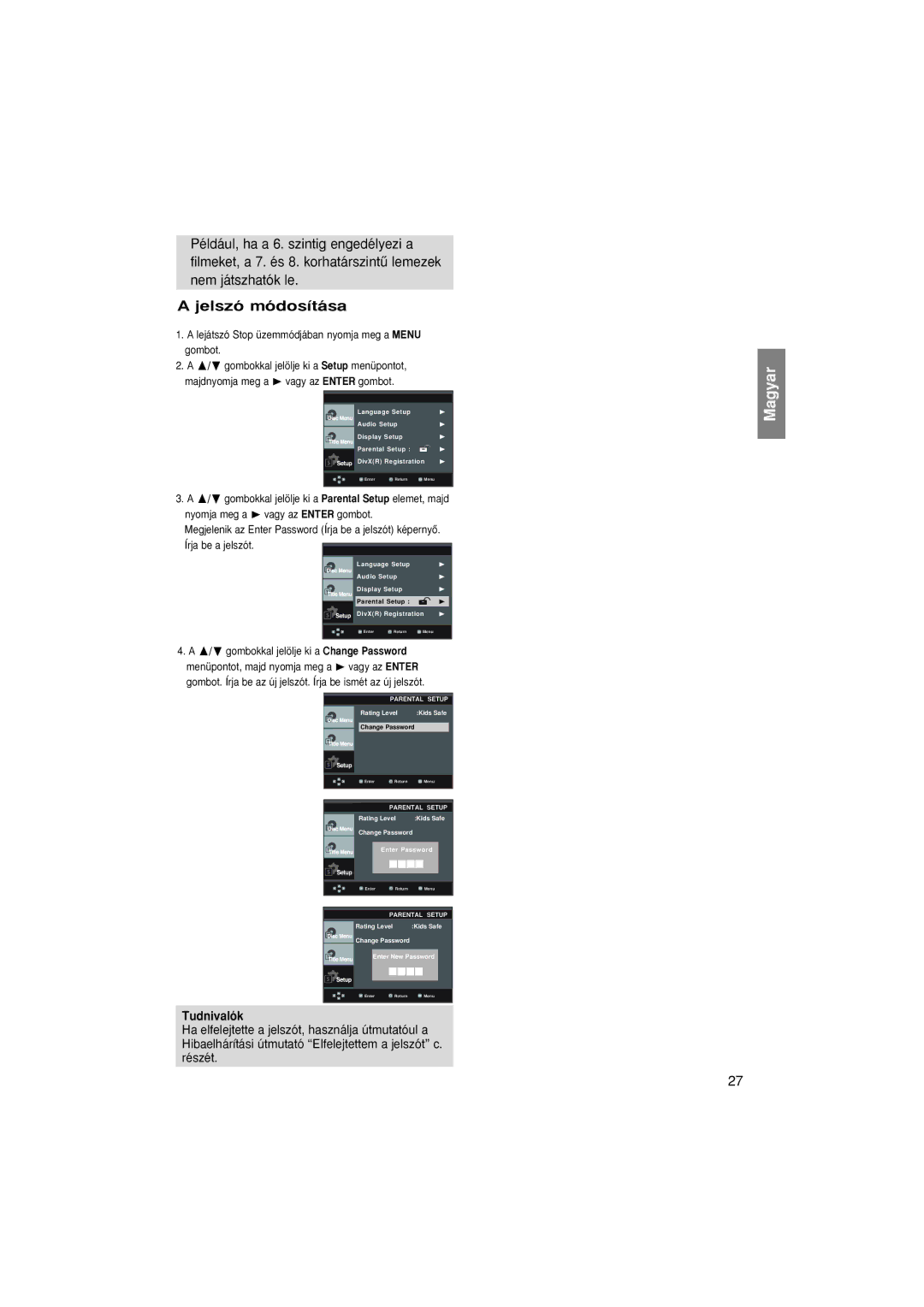 Samsung DVD-P380/XEL, DVD-P380/XET, DVD-P380/EDC manual Jelszó módosítása 