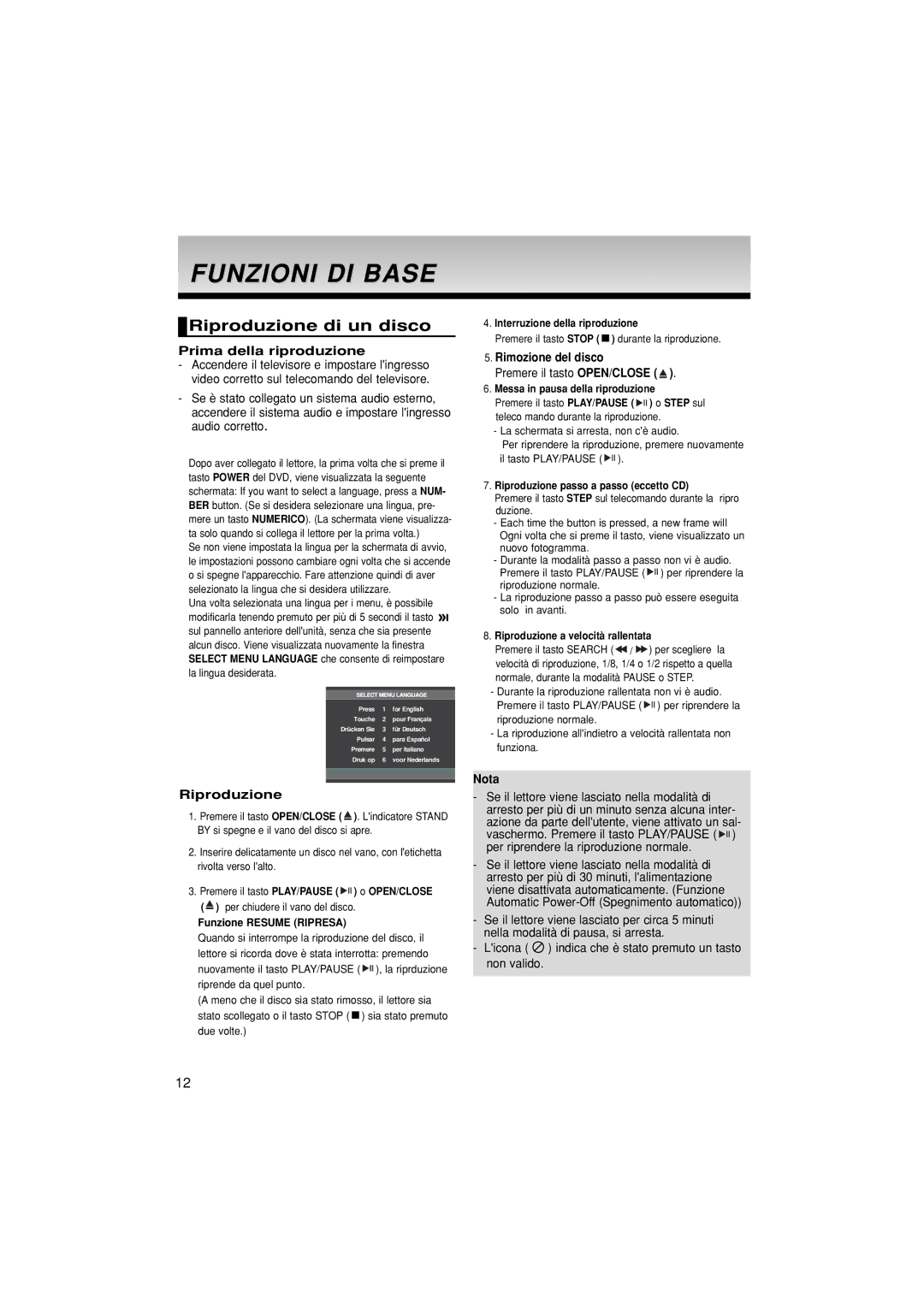 Samsung DVD-P380/XET manual Funzioni DI Base, Riproduzione di un disco, Prima della riproduzione, Rimozione del disco 