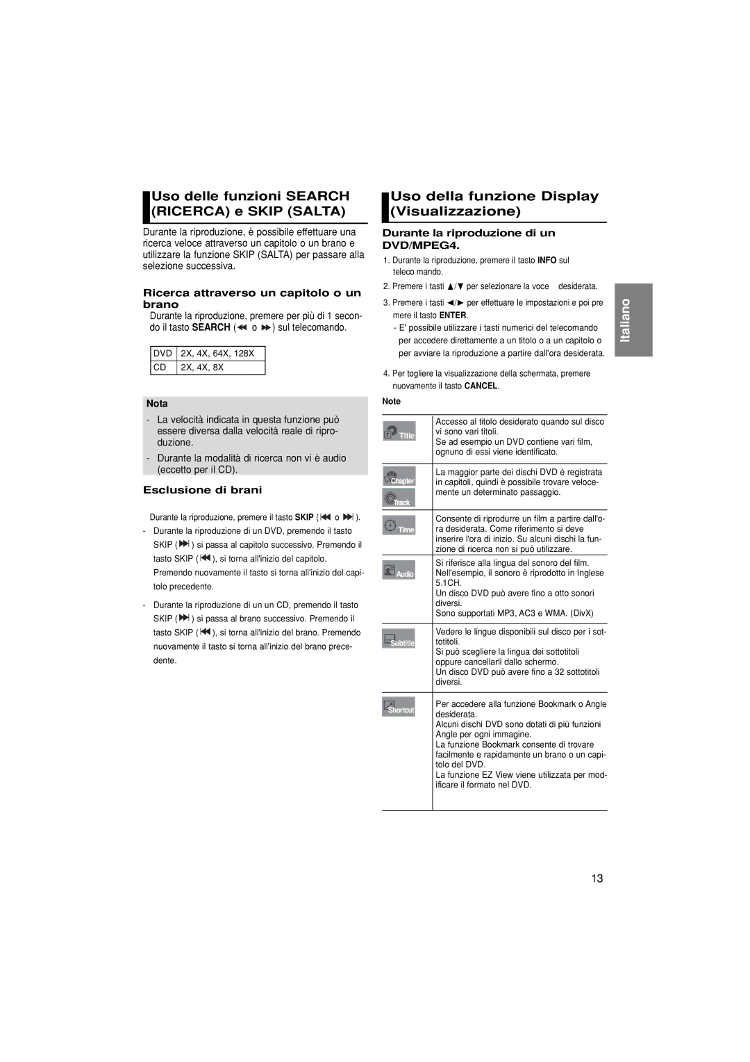 Samsung DVD-P380/EDC manual Uso delle funzioni Search Ricerca e Skip Salta, Uso della funzione Display Visualizzazione 