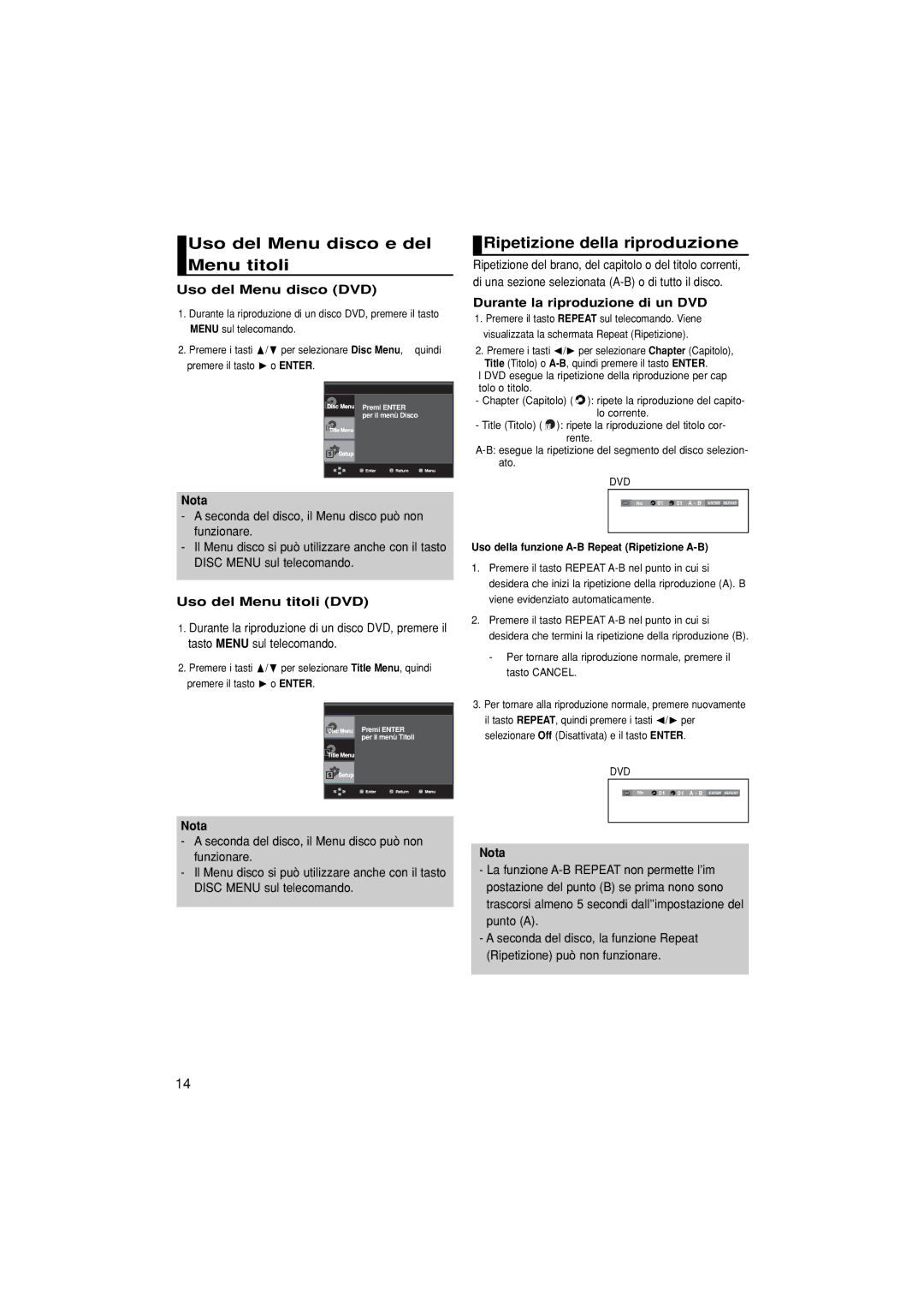 Samsung DVD-P380/XET manual Uso del Menu disco e del Menu titoli, Ripetizione della riproduzione, Uso del Menu disco DVD 