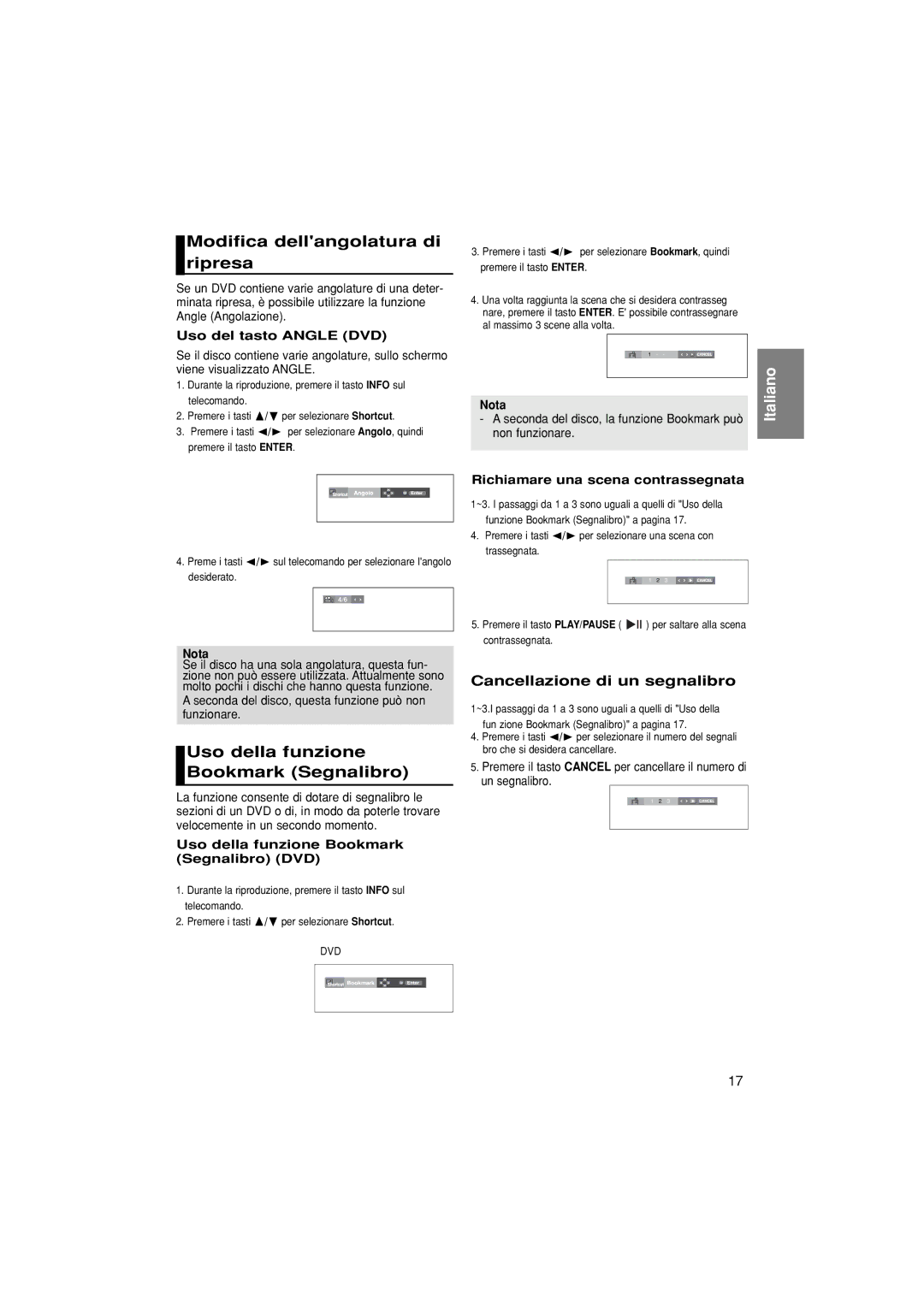 Samsung DVD-P380/EDC Modifica dellangolatura di ripresa, Uso della funzione Bookmark Segnalibro, Uso del tasto Angle DVD 