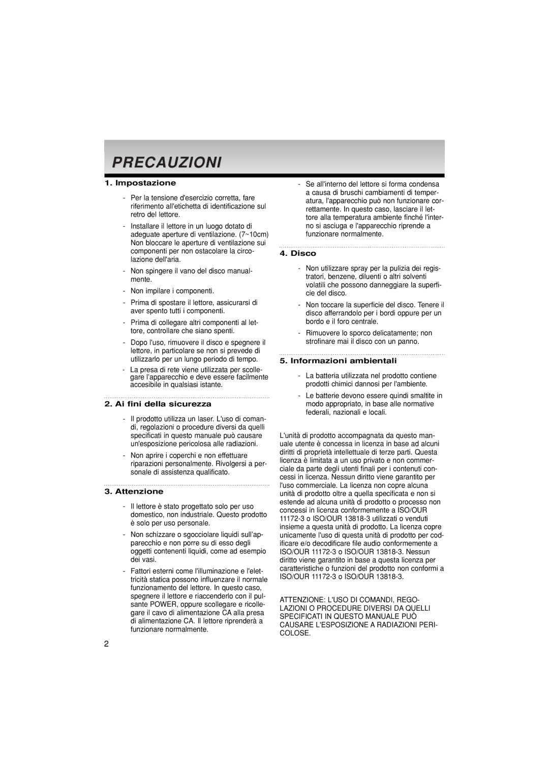 Samsung DVD-P380/XET, DVD-P380/EDC manual Impostazione, Ai fini della sicurezza, Attenzione, Disco, Informazioni ambientali 