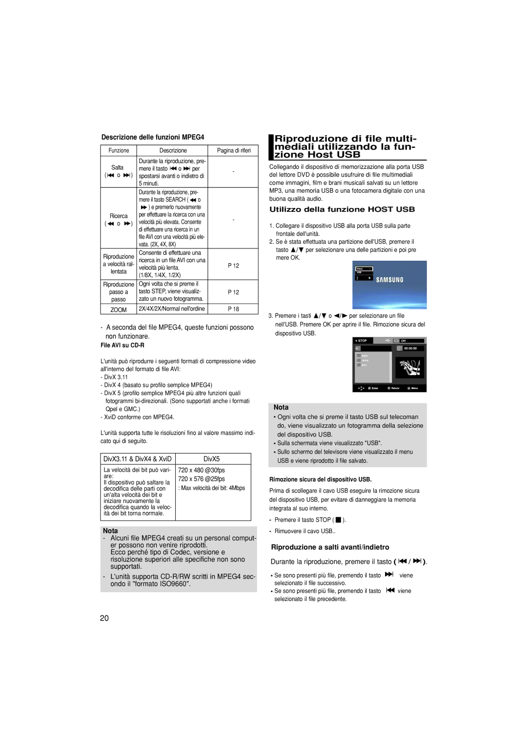 Samsung DVD-P380/XET, DVD-P380/EDC Descrizione delle funzioni MPEG4, Utilizzo della funzione Host USB, File AVI su CD-R 