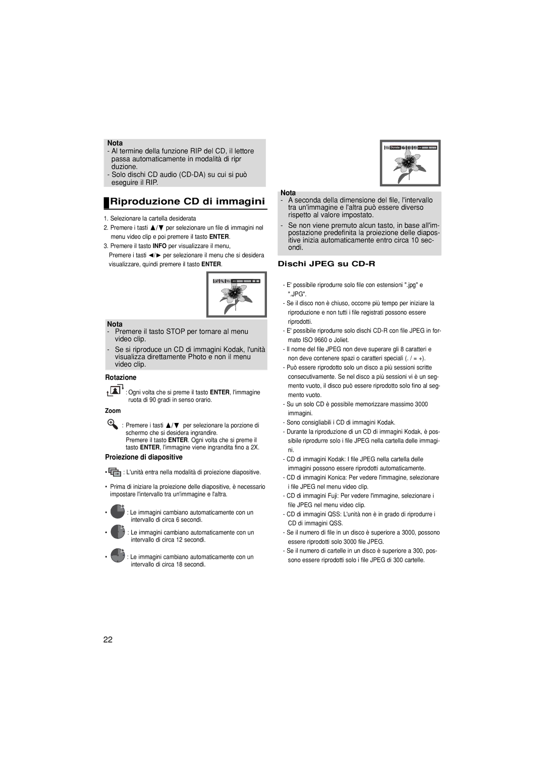 Samsung DVD-P380/XET manual Riproduzione CD di immagini, Dischi Jpeg su CD-R, Rotazione, Proiezione di diapositive, Zoom 