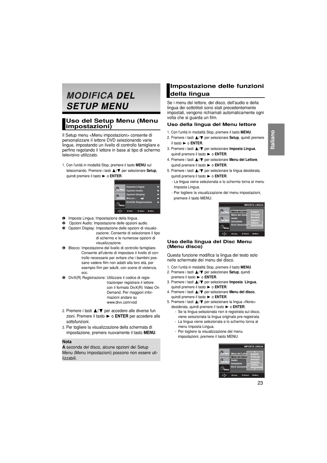 Samsung DVD-P380/EDC, DVD-P380/XET manual Uso del Setup Menu Menu impostazioni, Impostazione delle funzioni della lingua 