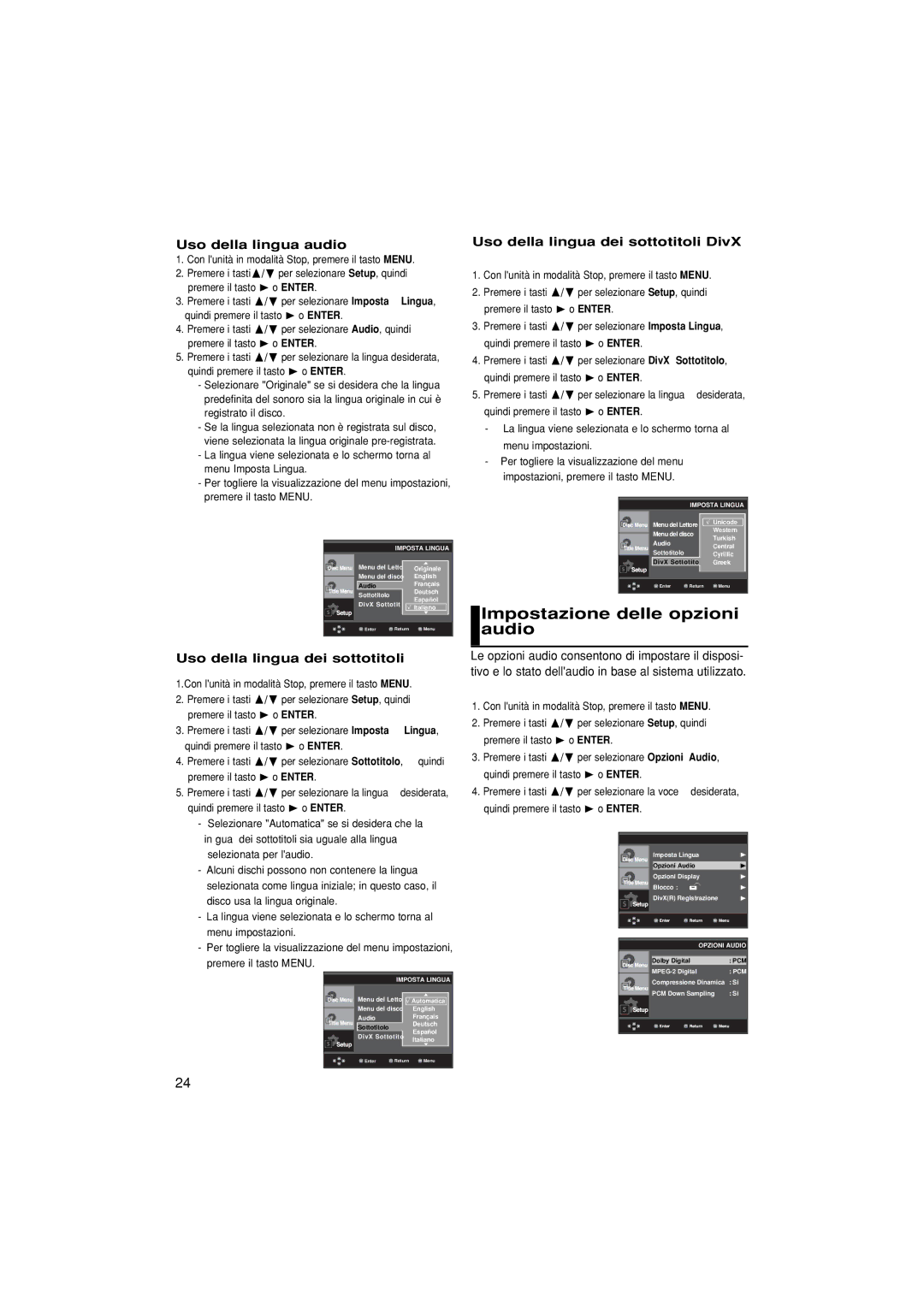 Samsung DVD-P380/XET Impostazione delle opzioni audio, Uso della lingua audio, Uso della lingua dei sottotitoli, Lingua 