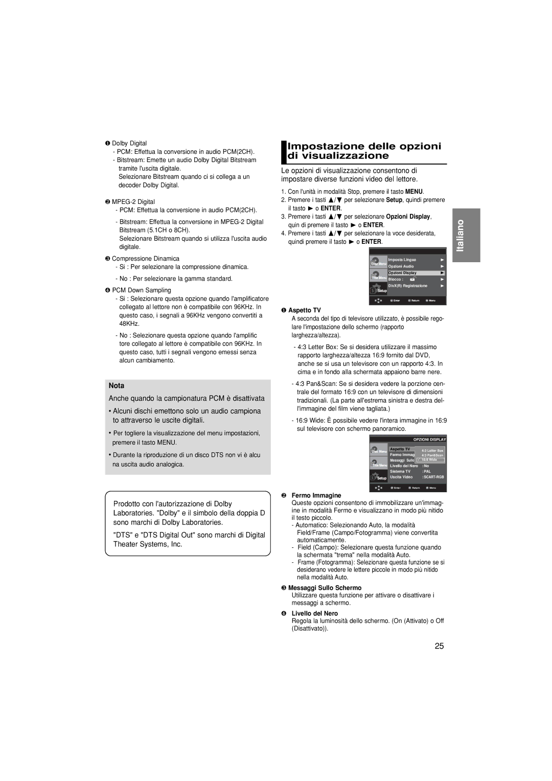 Samsung DVD-P380/EDC Impostazione delle opzioni di visualizzazione, ❶ Aspetto TV, ❷ Fermo Immagine, ❹ Livello del Nero 