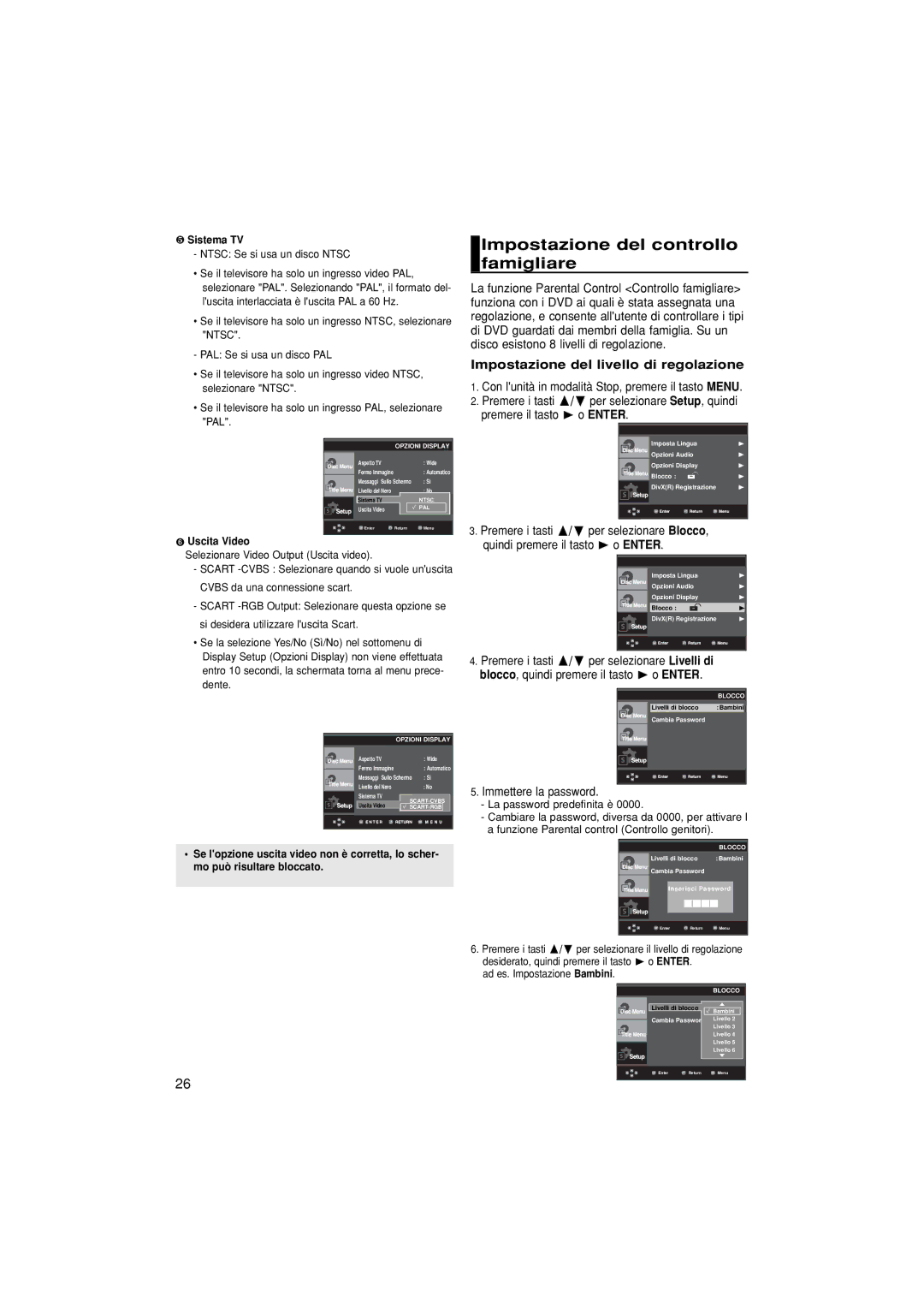 Samsung DVD-P380/XET manual Impostazione del controllo famigliare, Impostazione del livello di regolazione, ❺ Sistema TV 