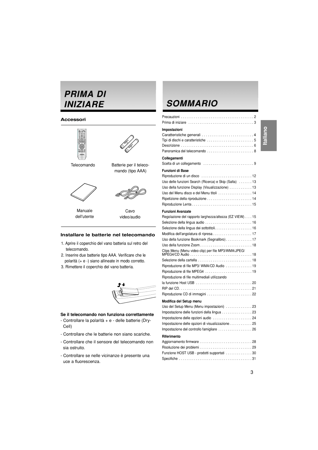 Samsung DVD-P380/EDC, DVD-P380/XET manual Prima DI Iniziare, Sommario, Accessori, Installare le batterie nel telecomando 