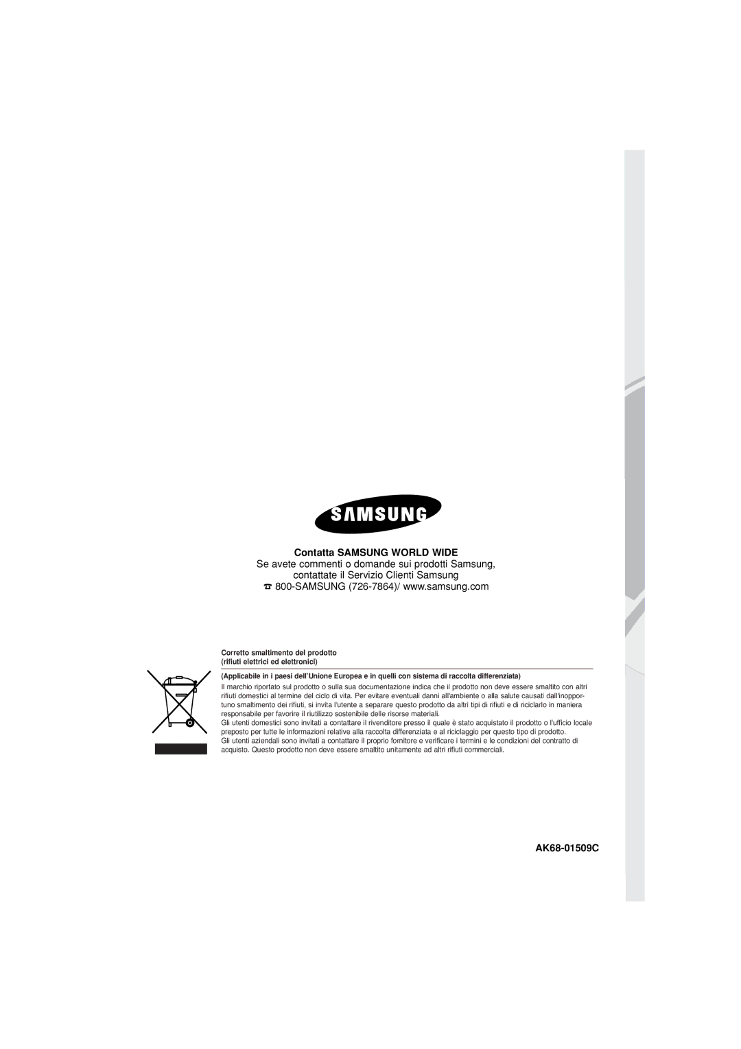 Samsung DVD-P380/XET, DVD-P380/EDC manual Contatta Samsung World Wide, AK68-01509C 