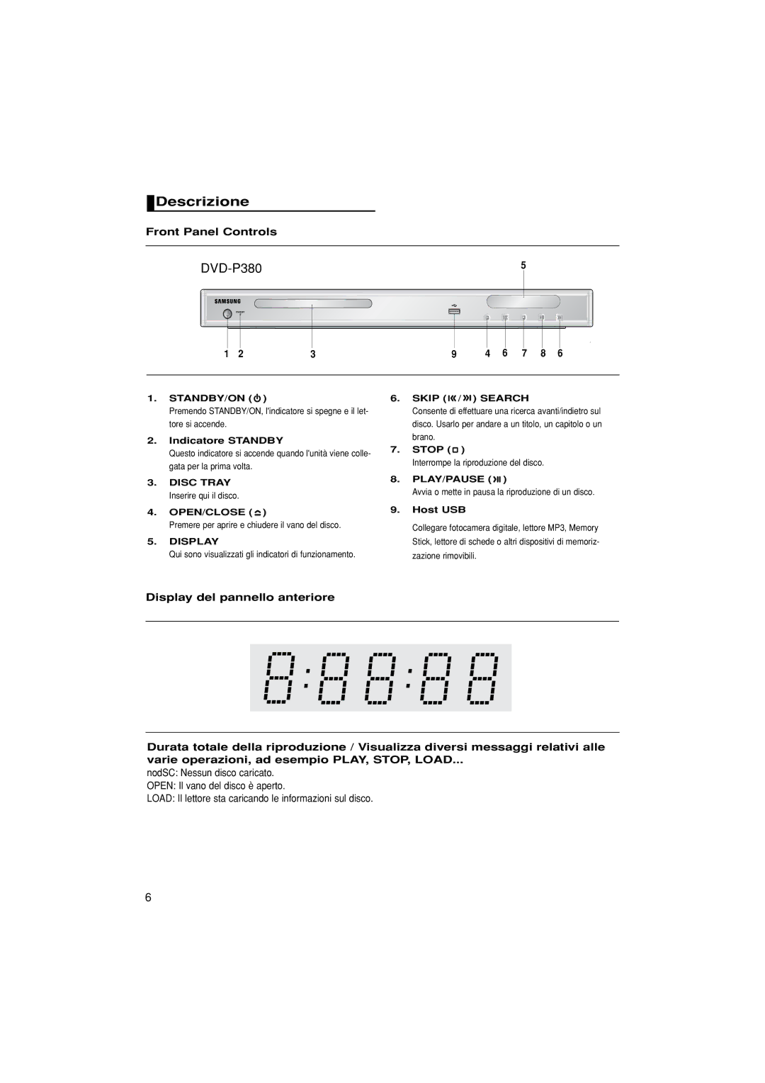 Samsung DVD-P380/XET, DVD-P380/EDC manual Descrizione, Front Panel Controls 