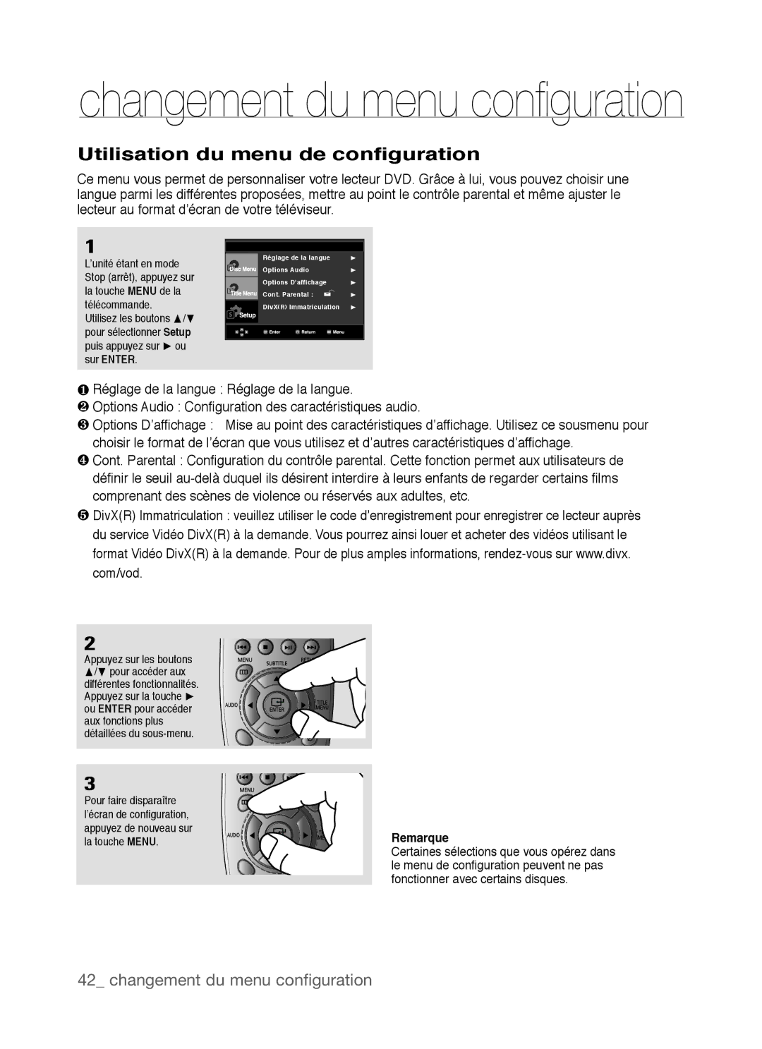 Samsung DVD-P390, AK68-01770G user manual Changement du menu conﬁ guration, Utilisation du menu de configuration 