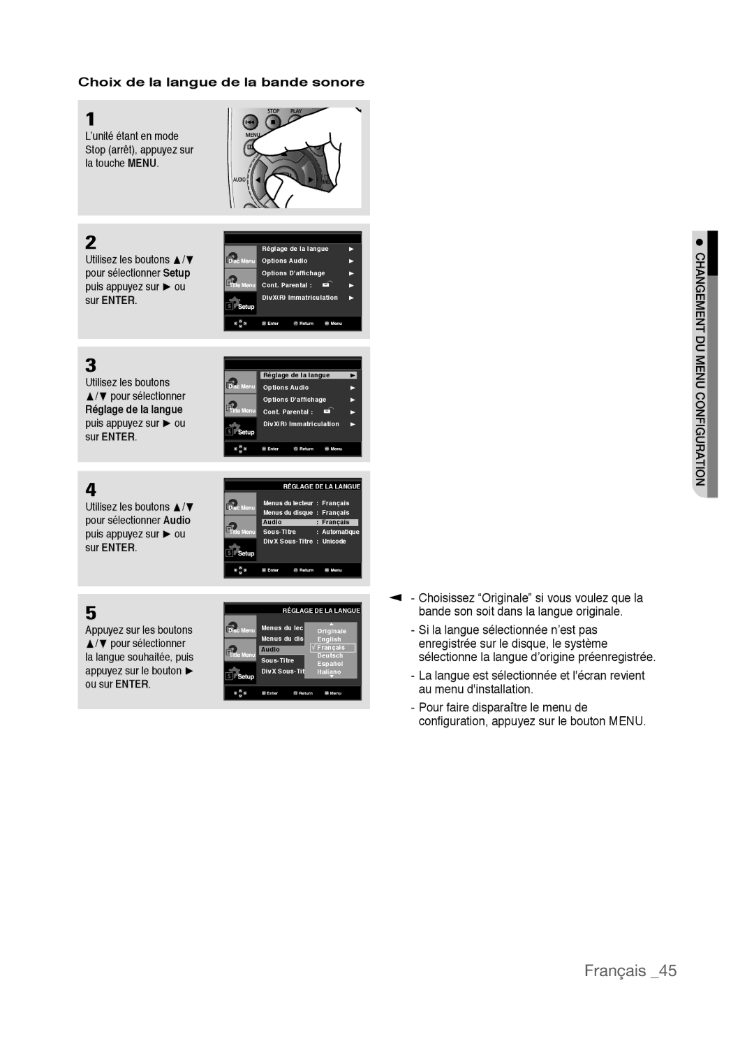 Samsung AK68-01770G, DVD-P390 user manual Choix de la langue de la bande sonore, Menu Configuration 