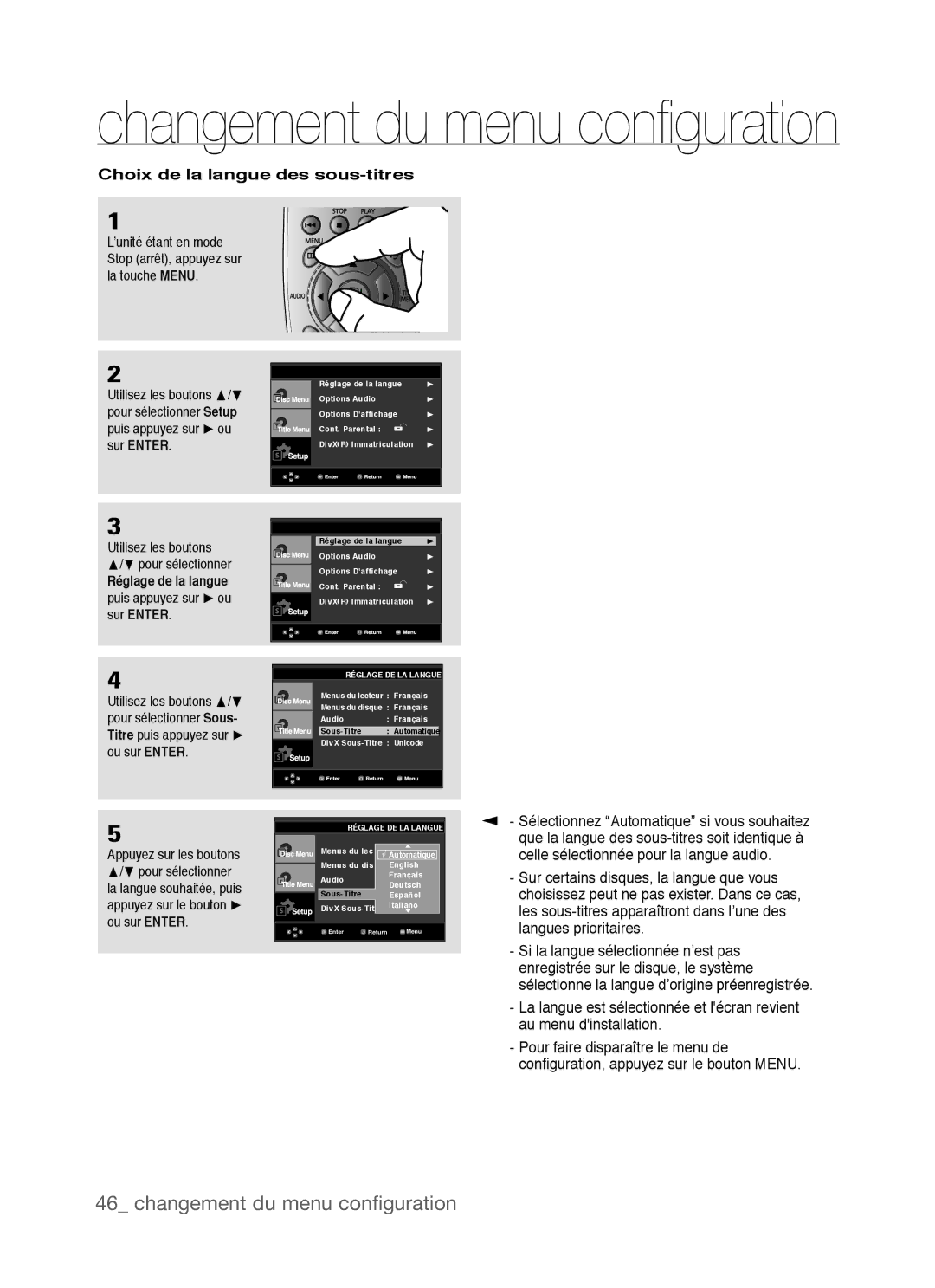 Samsung DVD-P390, AK68-01770G user manual Choix de la langue des sous-titres 