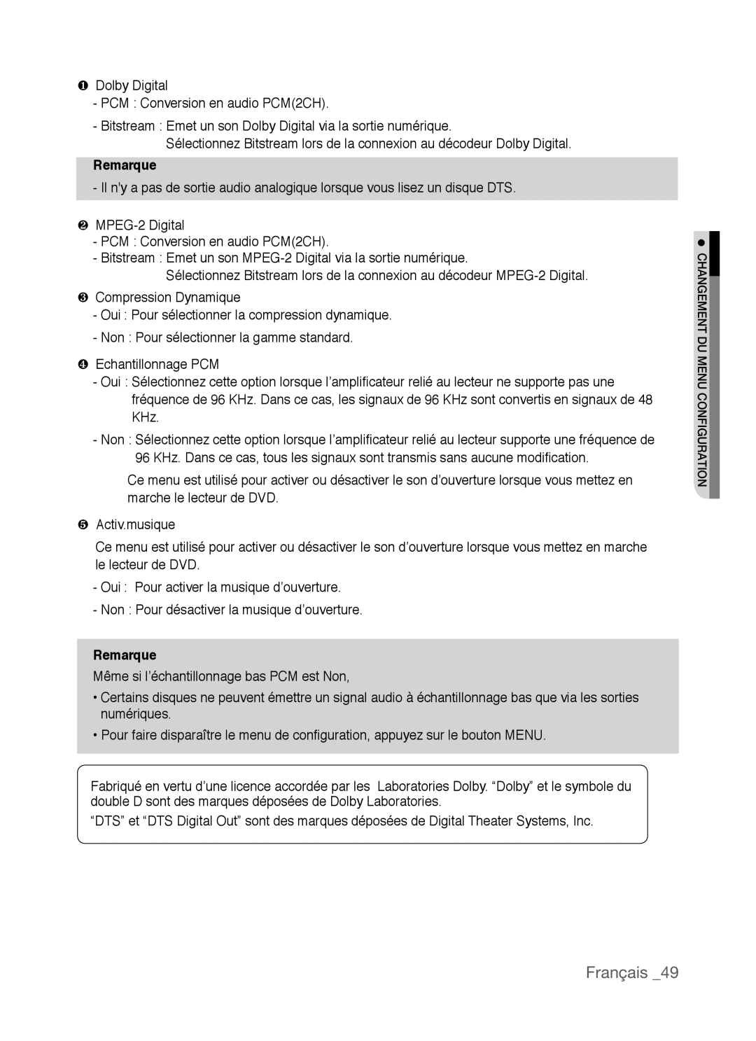 Samsung AK68-01770G, DVD-P390 user manual Changement DU Menu Configuration 