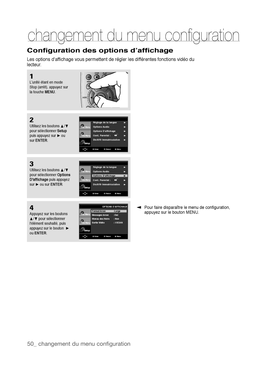 Samsung DVD-P390, AK68-01770G user manual Configuration des options d’affichage 