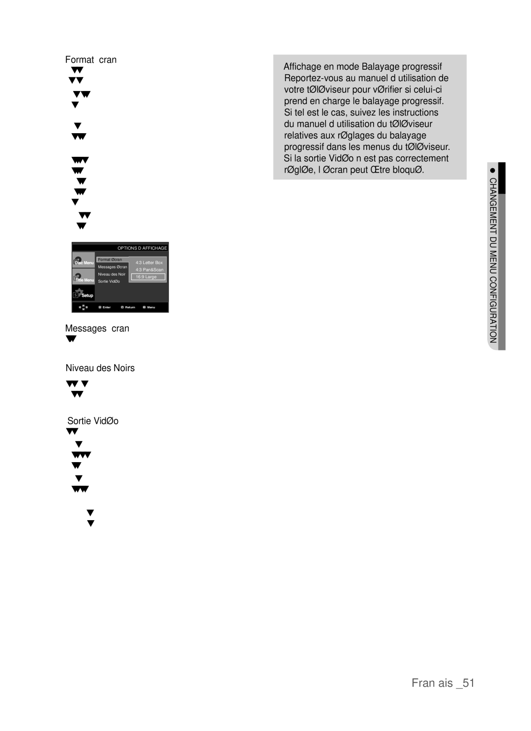 Samsung AK68-01770G, DVD-P390 user manual ❶ Format Écran, ❷ Messages Écran, ❸ Niveau des Noirs, ❹ Sortie Vidéo 